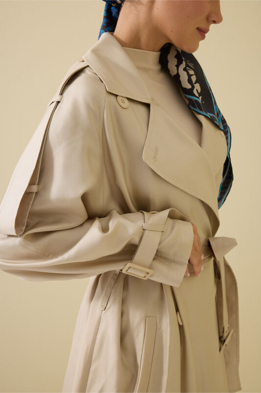 Solid Color Beige Silk Trench Coat - 1