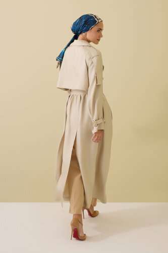 Solid Color Beige Silk Trench Coat - 7