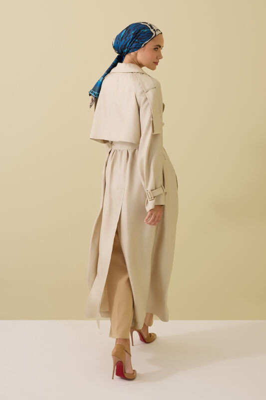 Solid Color Beige Silk Trench Coat - 7