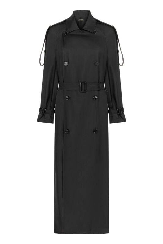 Solid Color Black Silk Trench Coat - 2