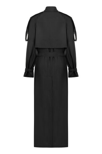 Solid Color Black Silk Trench Coat - 6