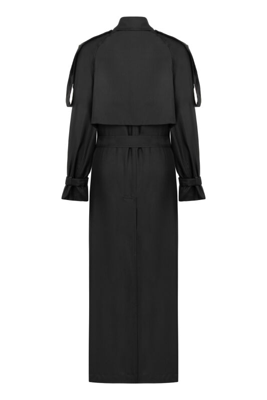 Solid Color Black Silk Trench Coat - 6