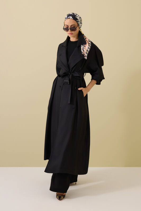 Solid Color Black Silk Trench Coat - 3