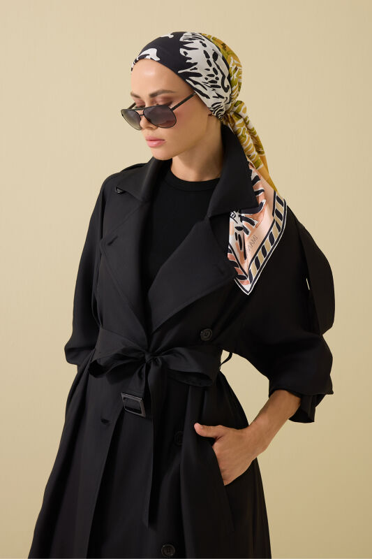 Solid Color Black Silk Trench Coat - 1