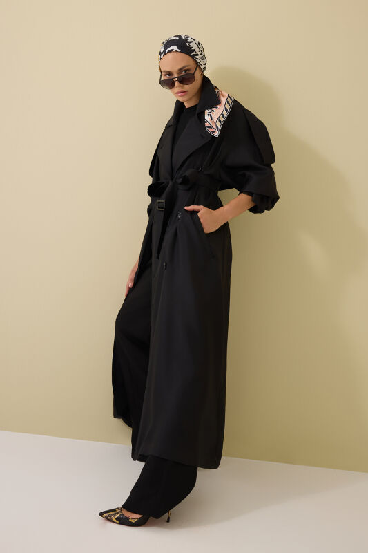 Solid Color Black Silk Trench Coat - 7
