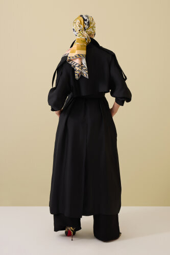 Solid Color Black Silk Trench Coat - 5