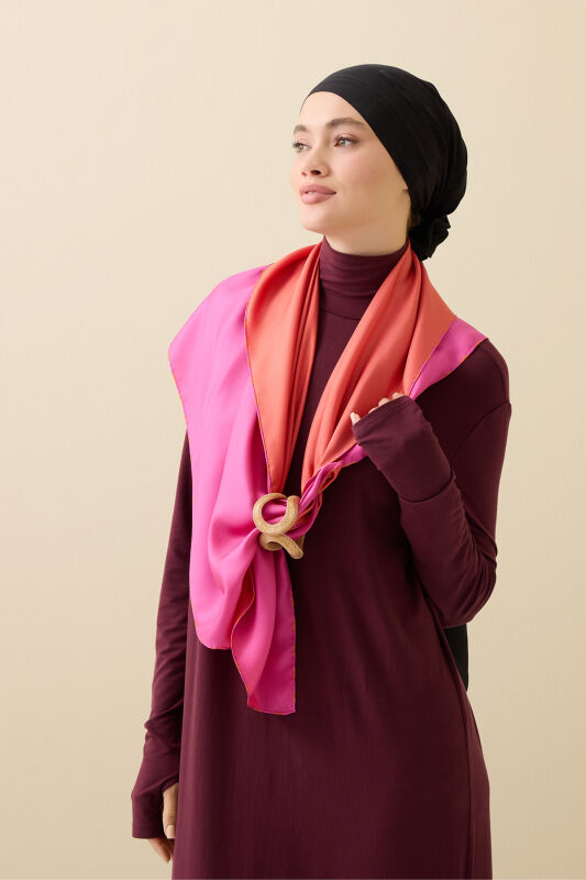 Solid Color Orange-Fuchsia Double-Sided Silk Scarf - 3