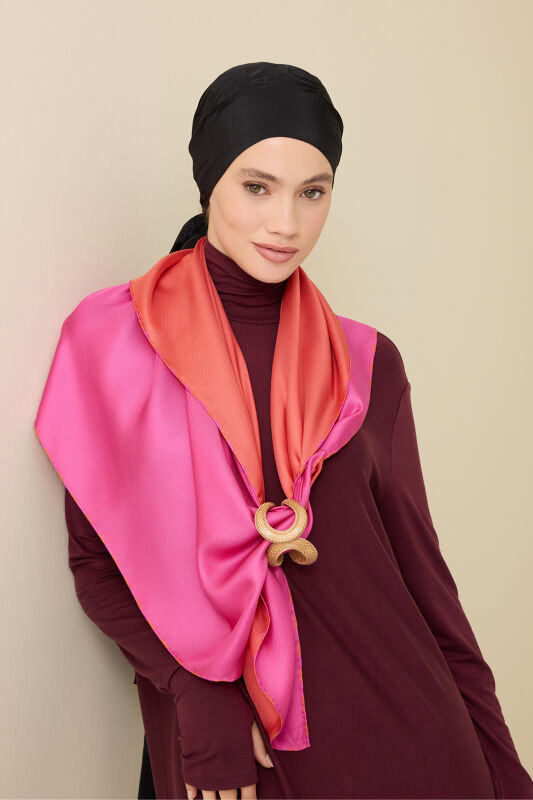 Solid Color Orange-Fuchsia Double-Sided Silk Scarf - 6