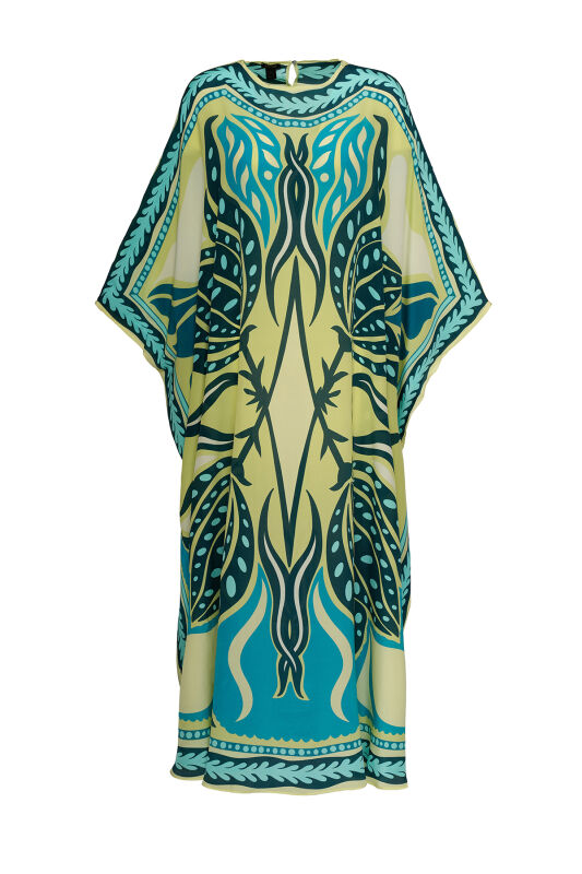 Spotted Tulip Turquoise Silk Kaftan - 1