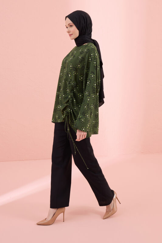 Sprinkled Flower Green Shirred Silk Blouse - 5