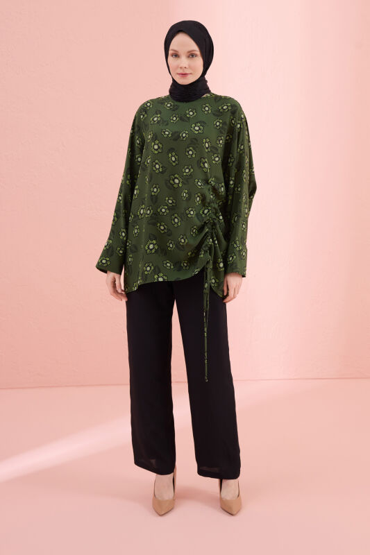Sprinkled Flower Green Shirred Silk Blouse - 3