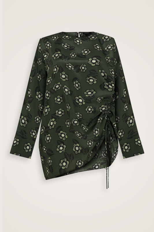 Sprinkled Flower Green Shirred Silk Blouse - 2