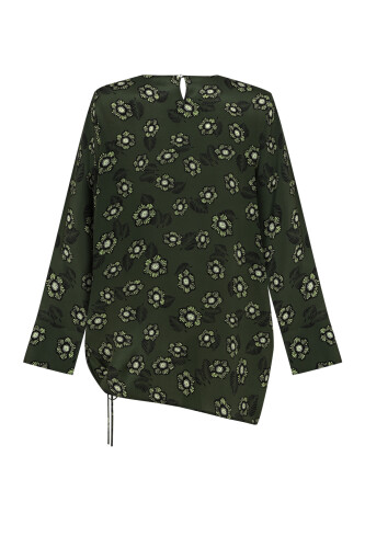Sprinkled Flower Green Shirred Silk Blouse - 4