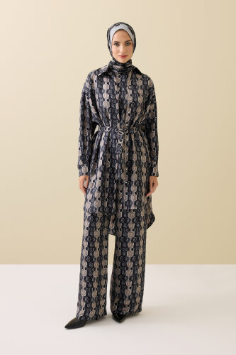 Stepup Black-Grey Silk Long Shirt - 1