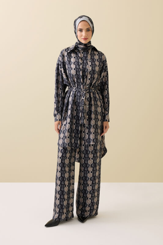 Stepup Black-Grey Silk Long Shirt - 1