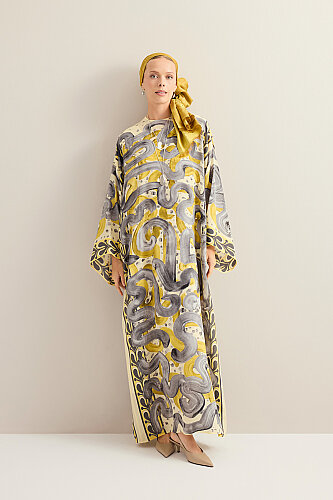 Stream Road Yellow-Gray Crepe Silk Dress - 7