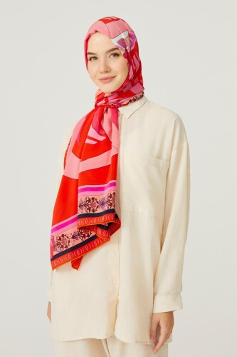 Su Püskülü Kırmızı İpek Eşarp 140x140 - 6