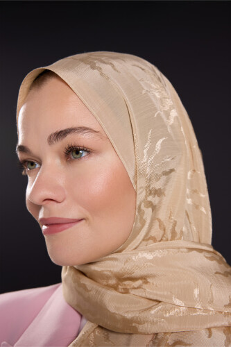 Sunrise Beige Shiny Jacquard Shawl - 3