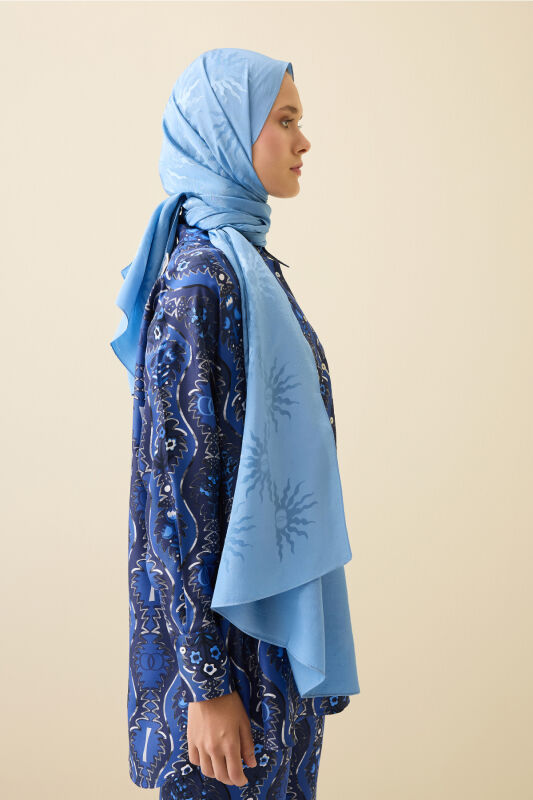 Sunrise Blue Shiny Jacquard Shawl - 5