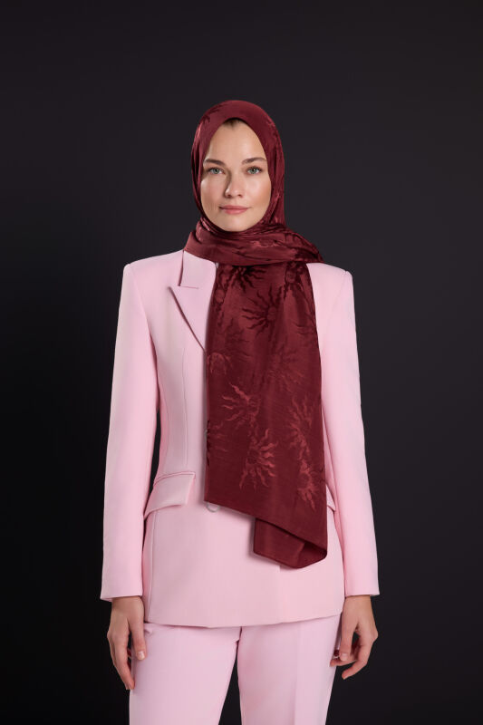 Sunrise Burgundy Shiny Jacquard Shawl - 5