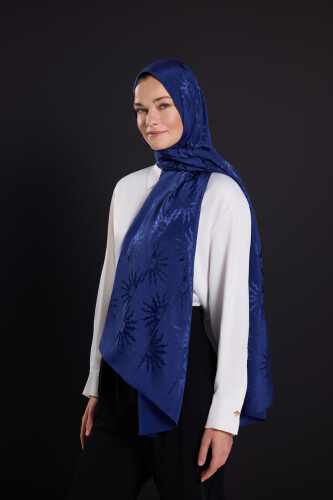 Sunrise Navy Blue Shiny Jacquard Shawl - 5