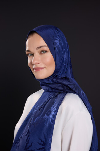 Sunrise Navy Blue Shiny Jacquard Shawl - 3