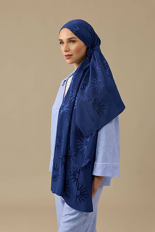 Sunrise Navy Blue Shiny Jacquard Shawl - 5