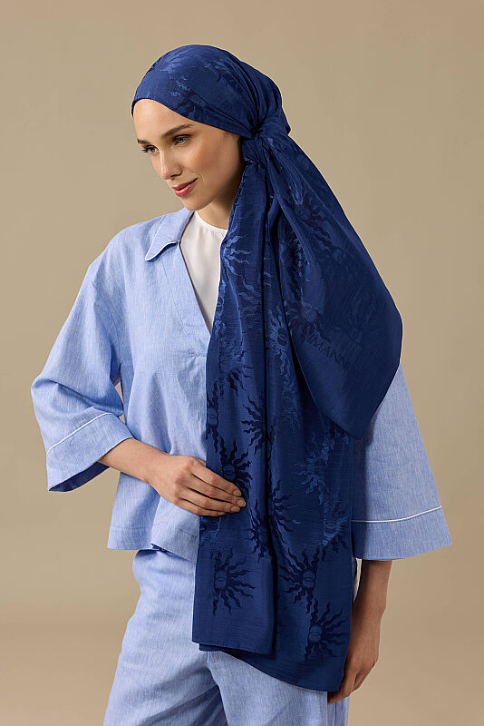 Sunrise Navy Blue Shiny Jacquard Shawl - 1