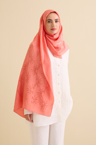 Sunrise Peach Shiny Jacquard Shawl - 3