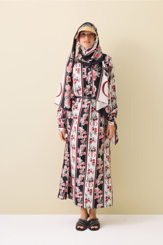 Swing Cuff Detailed Black-Burgundy Plaid Silk Dress 