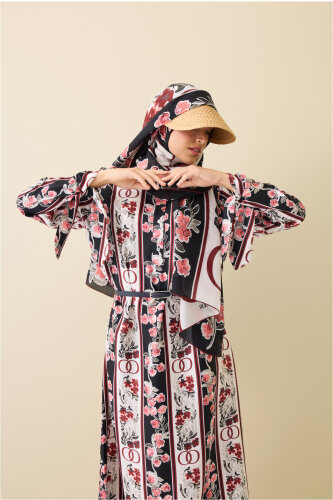 Swing Cuff Detailed Black-Burgundy Plaid Silk Dress - 7