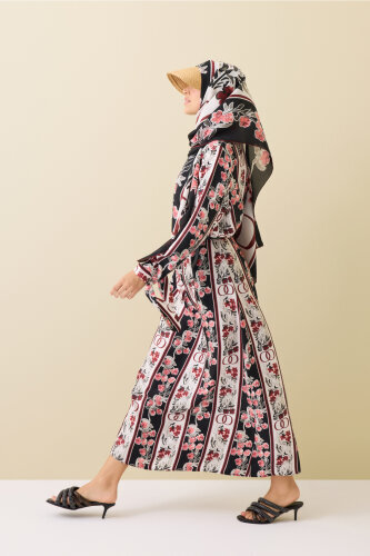 Swing Cuff Detailed Black-Burgundy Plaid Silk Dress - 5