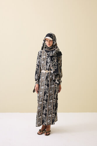 Swing Cuff Detailed Coffee-Black Plaid Silk Dress - 1