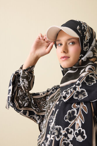 Swing Cuff Detailed Coffee-Black Plaid Silk Dress - 5