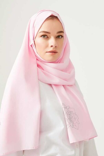 Taşlı Abiye Açık Pembe İpek Şal 68x200 - 2