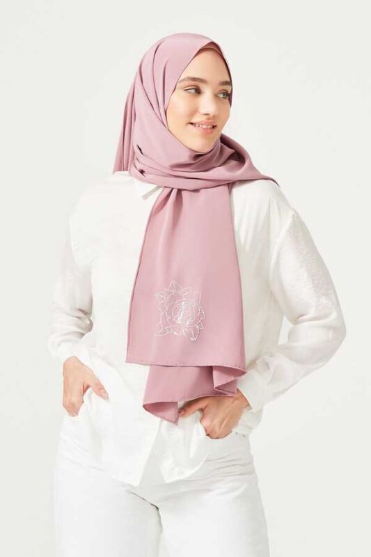 Taşlı Abiye Gül Kurusu İpek Şal 68x200 - 2