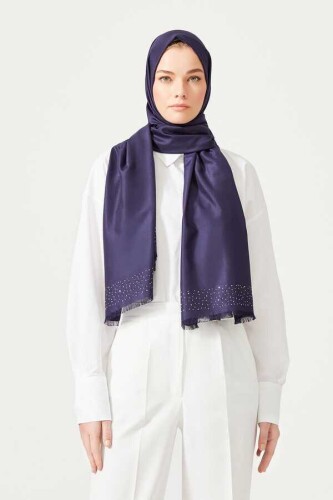 Taşlı Lacivert İpek Şal 80x200 - 6
