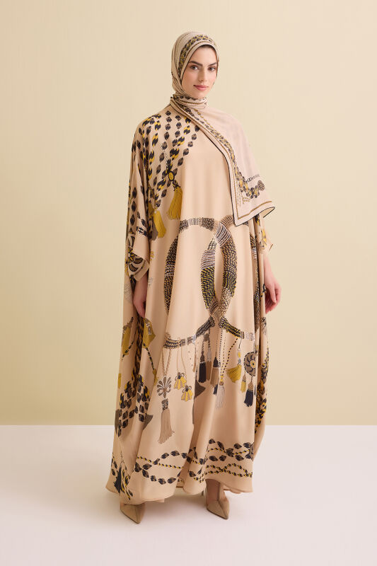 Tassel Noor Beige Crepe Silk Kaftan - 1