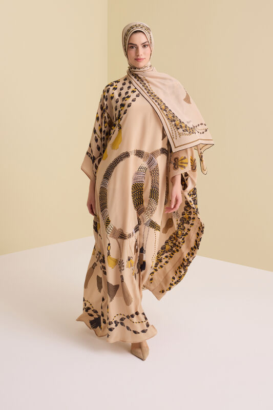 Tassel Noor Beige Crepe Silk Kaftan - 3