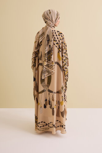 Tassel Noor Beige Crepe Silk Kaftan - 6