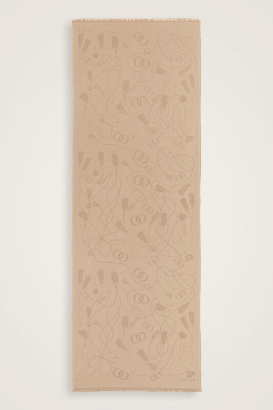 Tassel Noor Beige Jacquard Silk Shawl - 2
