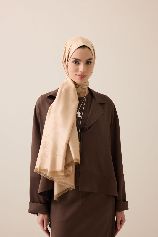 Tassel Noor Beige Jacquard Silk Shawl - 1