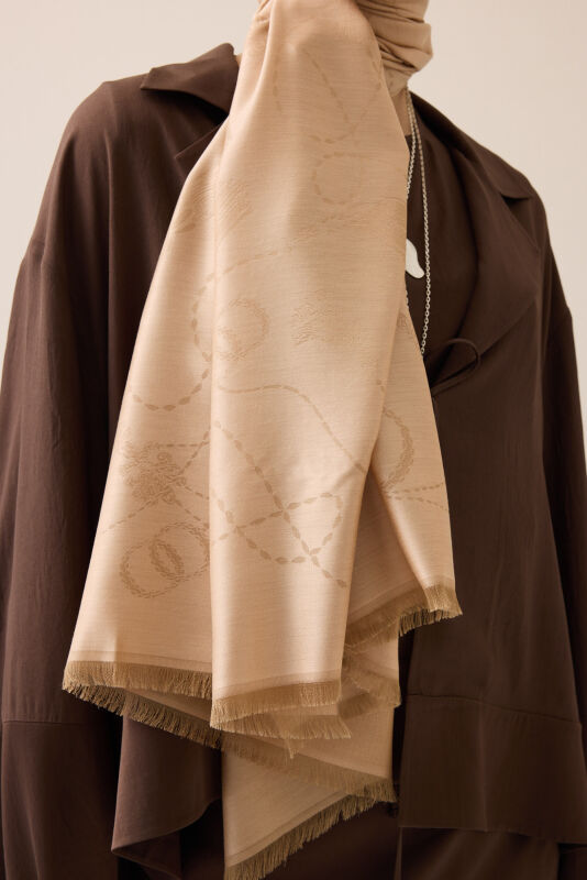 Tassel Noor Beige Jacquard Silk Shawl - 5
