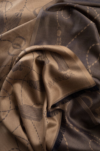 Tassel Noor Beige-Navy Blue Jacquard Silk Shawl - 4