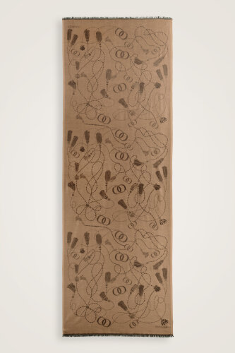 Tassel Noor Beige-Navy Blue Jacquard Silk Shawl - 2