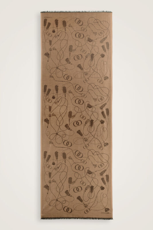 Tassel Noor Beige-Navy Blue Jacquard Silk Shawl - 2