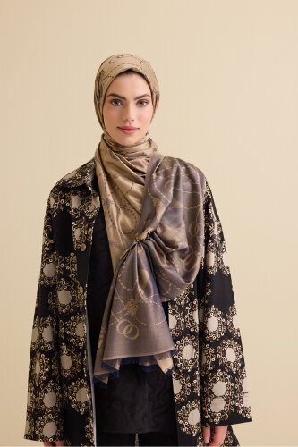 Tassel Noor Beige-Navy Blue Jacquard Silk Shawl - 5
