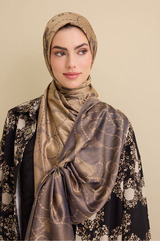 Tassel Noor Beige-Navy Blue Jacquard Silk Shawl - 1