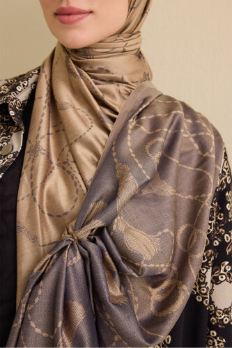 Tassel Noor Beige-Navy Blue Jacquard Silk Shawl - 3