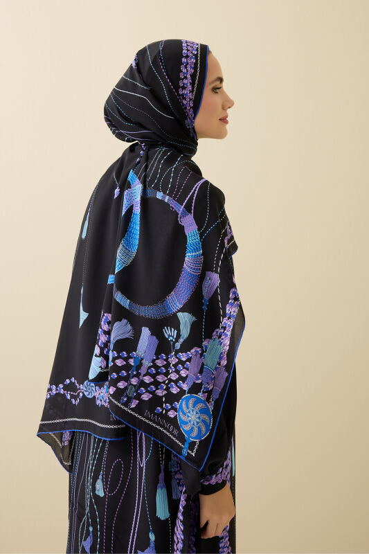 Tassel Noor Black-Fuchsia Crepe Silk Abaya Shawl - 1